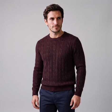 Herren Zopfstrick-Pullover aus Wolle mit Rundhalsausschnitt