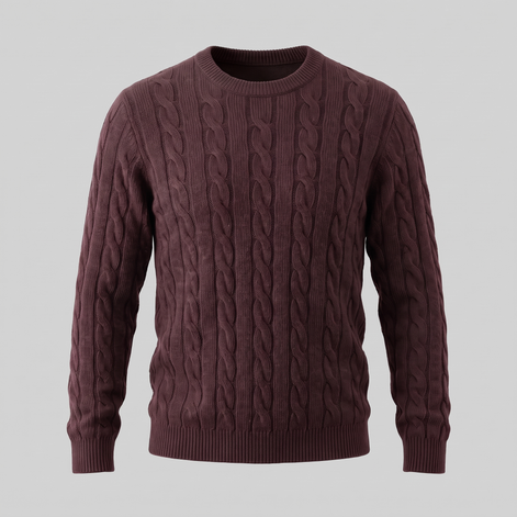 Herren Zopfstrick-Pullover aus Wolle mit Rundhalsausschnitt