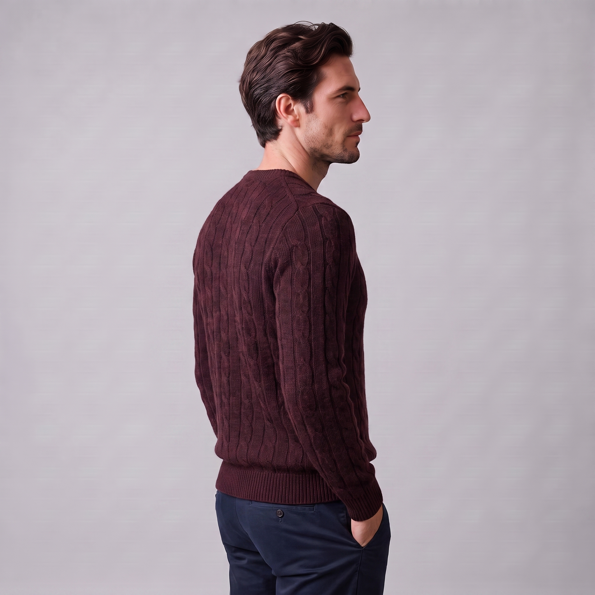 Herren Zopfstrick-Pullover aus Wolle mit Rundhalsausschnitt