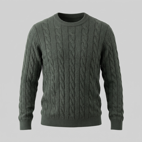 Herren Zopfstrick-Pullover aus Wolle mit Rundhalsausschnitt