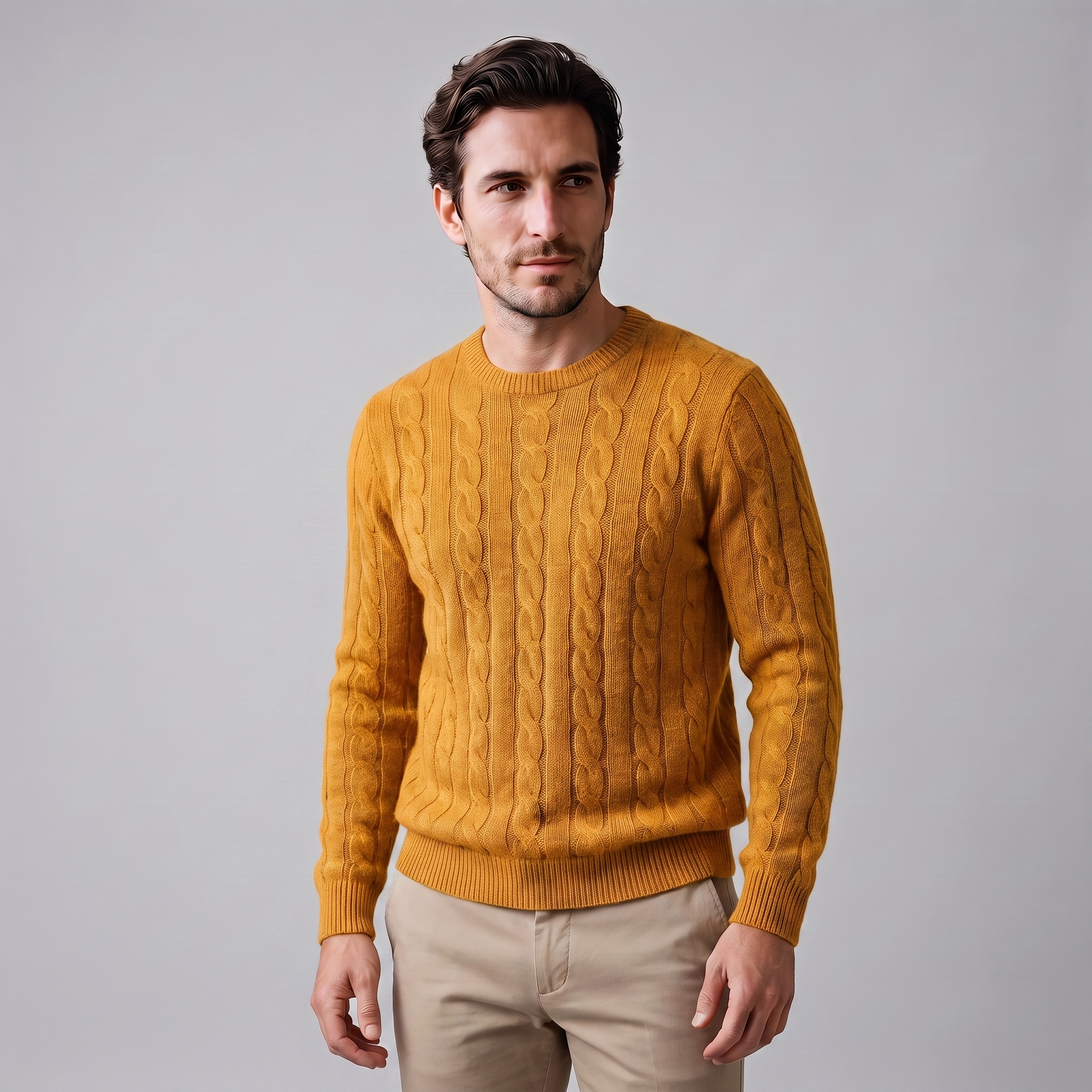 Herren Zopfstrick-Pullover aus Wolle mit Rundhalsausschnitt