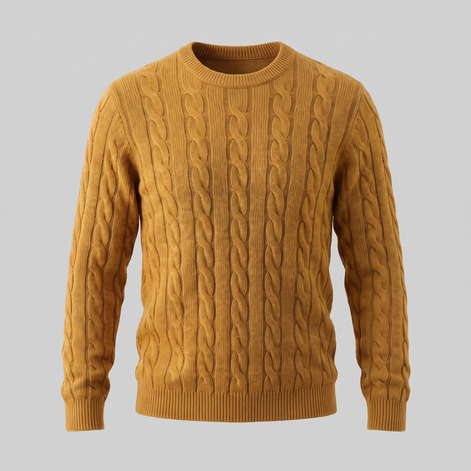 Herren Zopfstrick-Pullover aus Wolle mit Rundhalsausschnitt