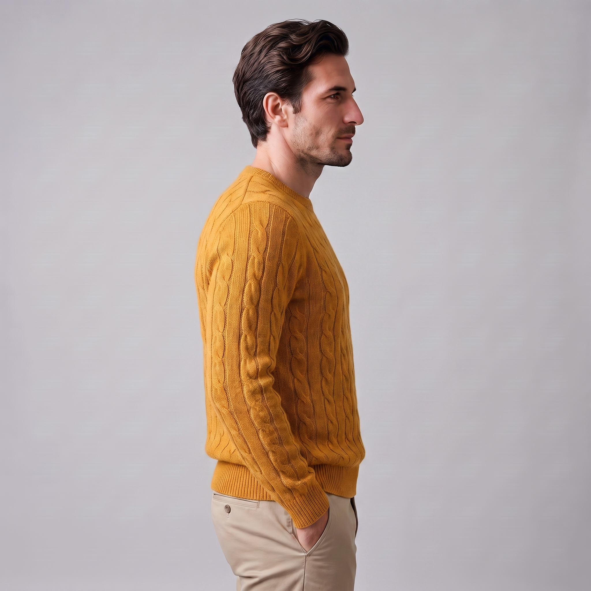 Herren Zopfstrick-Pullover aus Wolle mit Rundhalsausschnitt