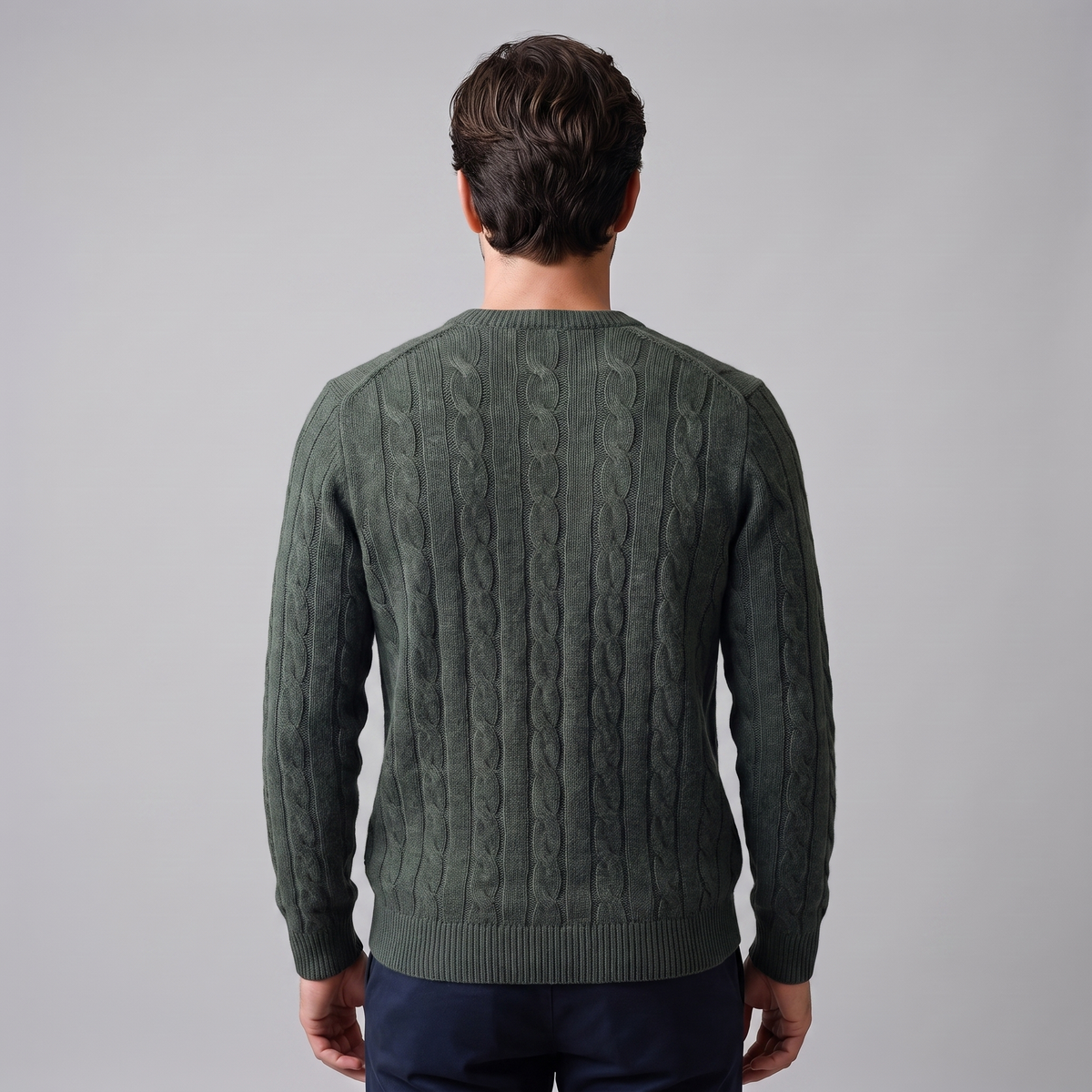 Herren Zopfstrick-Pullover aus Wolle mit Rundhalsausschnitt