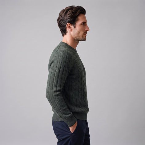 Herren Zopfstrick-Pullover aus Wolle mit Rundhalsausschnitt