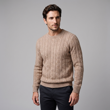 Herren Zopfstrick-Pullover aus Wolle mit Rundhalsausschnitt