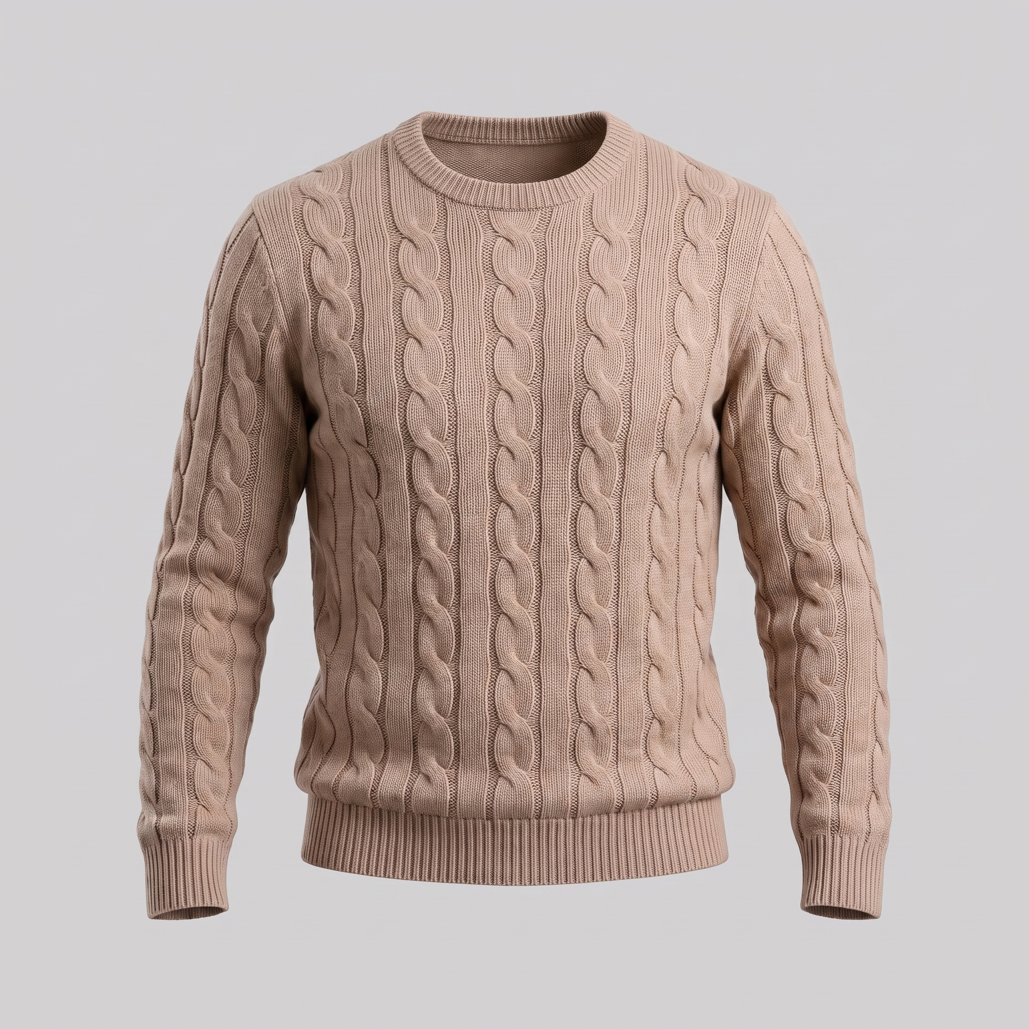 Herren Zopfstrick-Pullover aus Wolle mit Rundhalsausschnitt