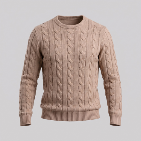Herren Zopfstrick-Pullover aus Wolle mit Rundhalsausschnitt