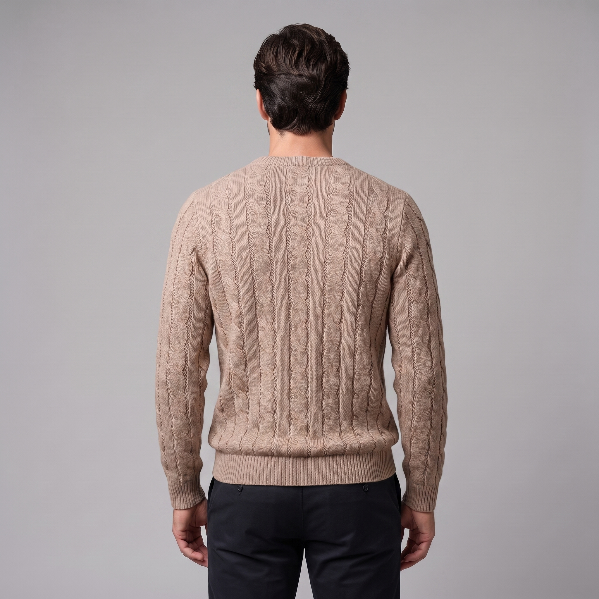 Herren Zopfstrick-Pullover aus Wolle mit Rundhalsausschnitt