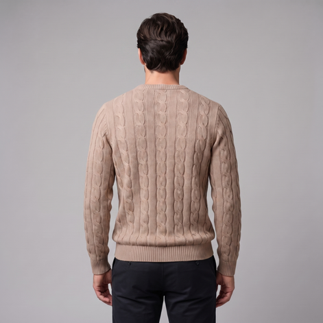 Herren Zopfstrick-Pullover aus Wolle mit Rundhalsausschnitt