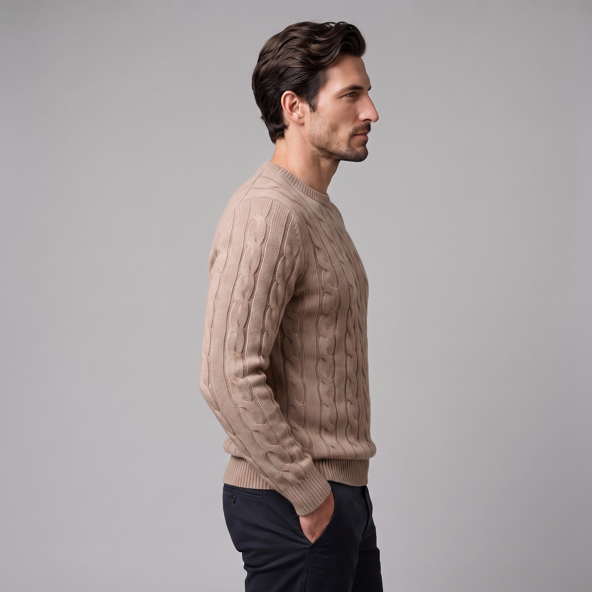 Herren Zopfstrick-Pullover aus Wolle mit Rundhalsausschnitt