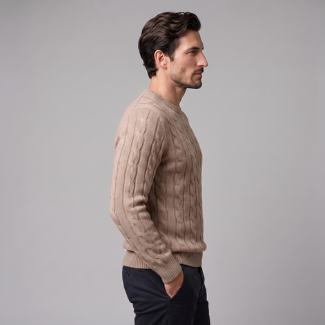 Herren Zopfstrick-Pullover aus Wolle mit Rundhalsausschnitt