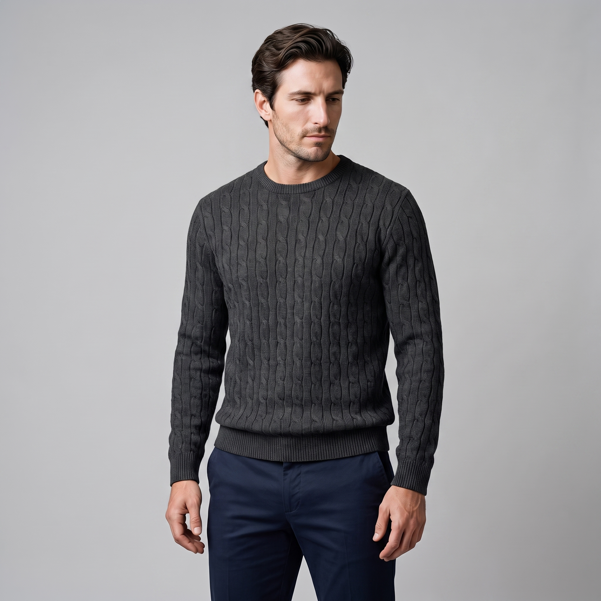 Herren Zopfstrick-Pullover mit Rundhals