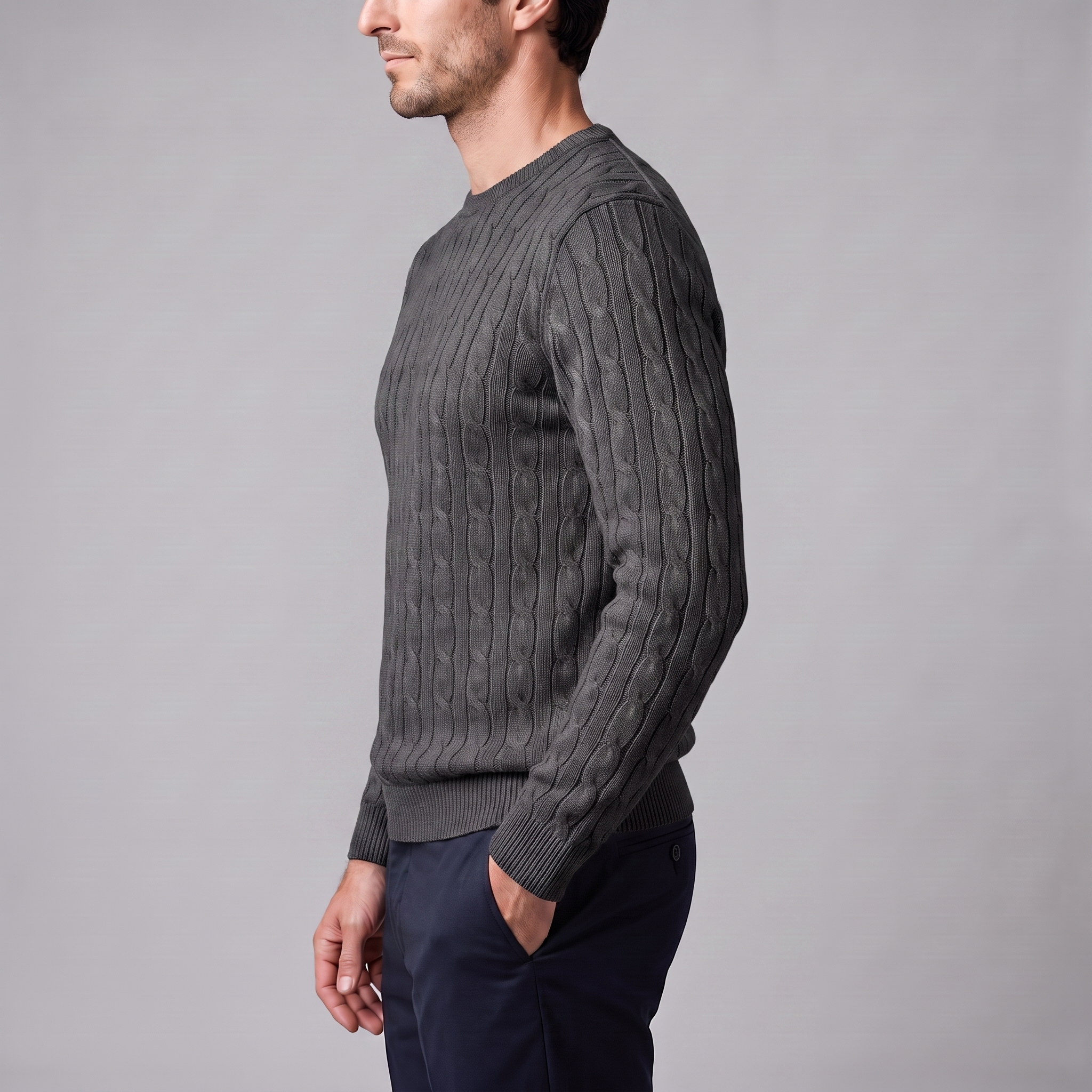 Herren Zopfstrick-Pullover mit Rundhals
