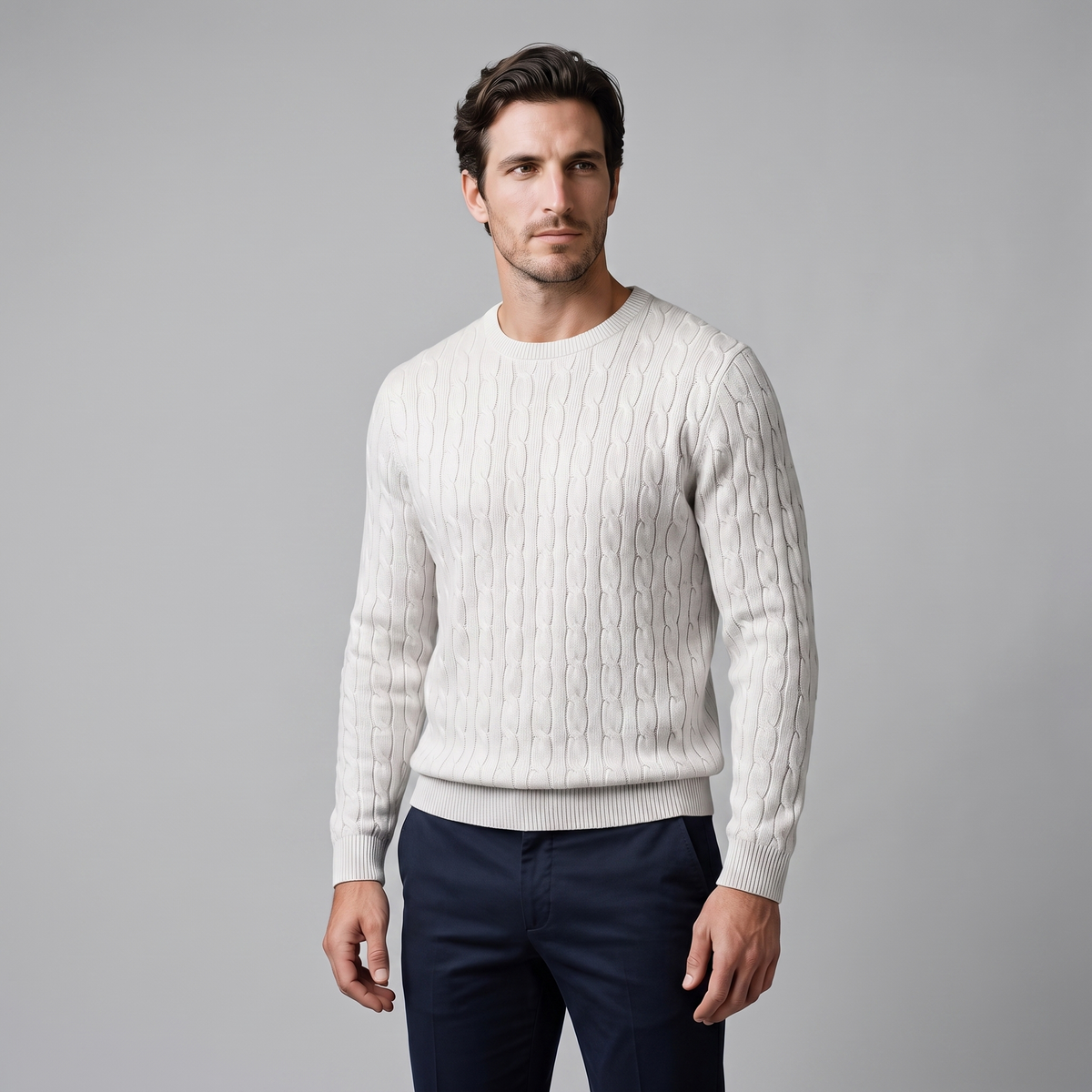 Herren Zopfstrick-Pullover mit Rundhals
