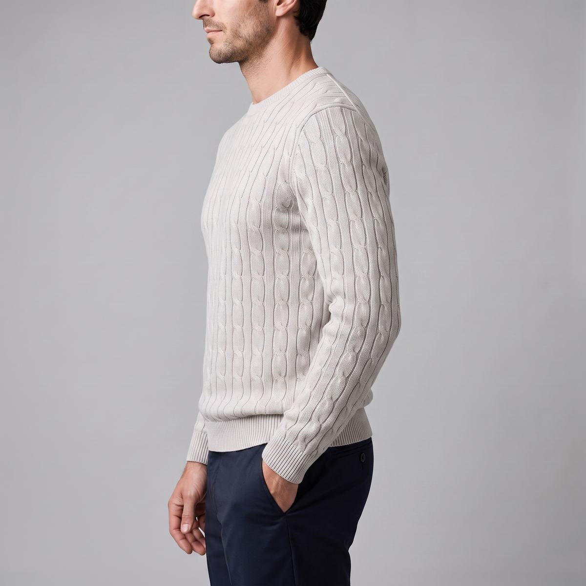 Herren Zopfstrick-Pullover mit Rundhals