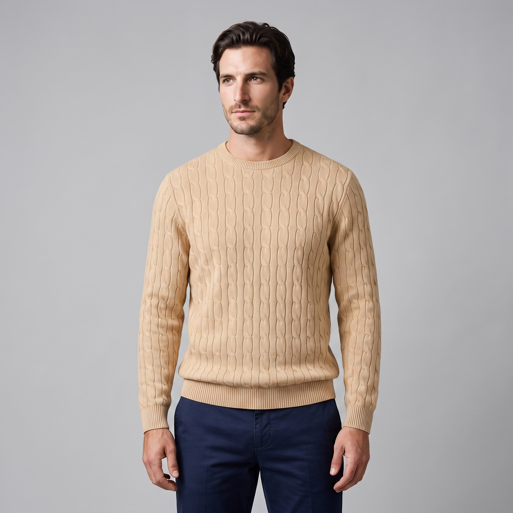 Herren Zopfstrick-Pullover mit Rundhals