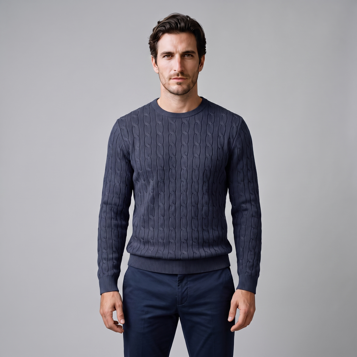 Herren Zopfstrick-Pullover mit Rundhals
