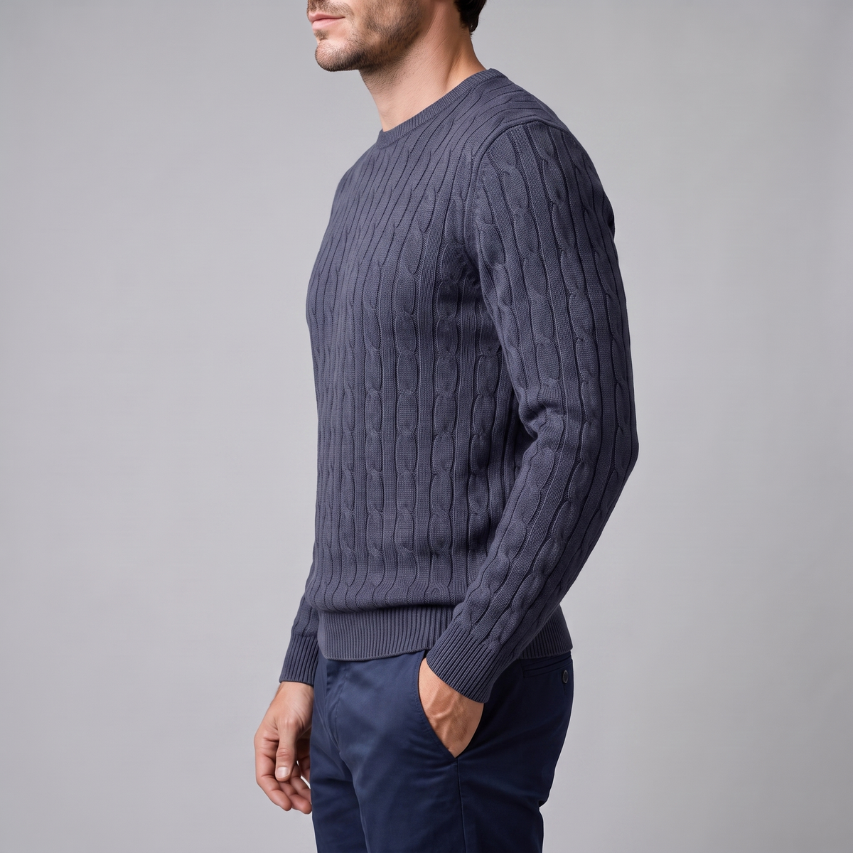 Herren Zopfstrick-Pullover mit Rundhals