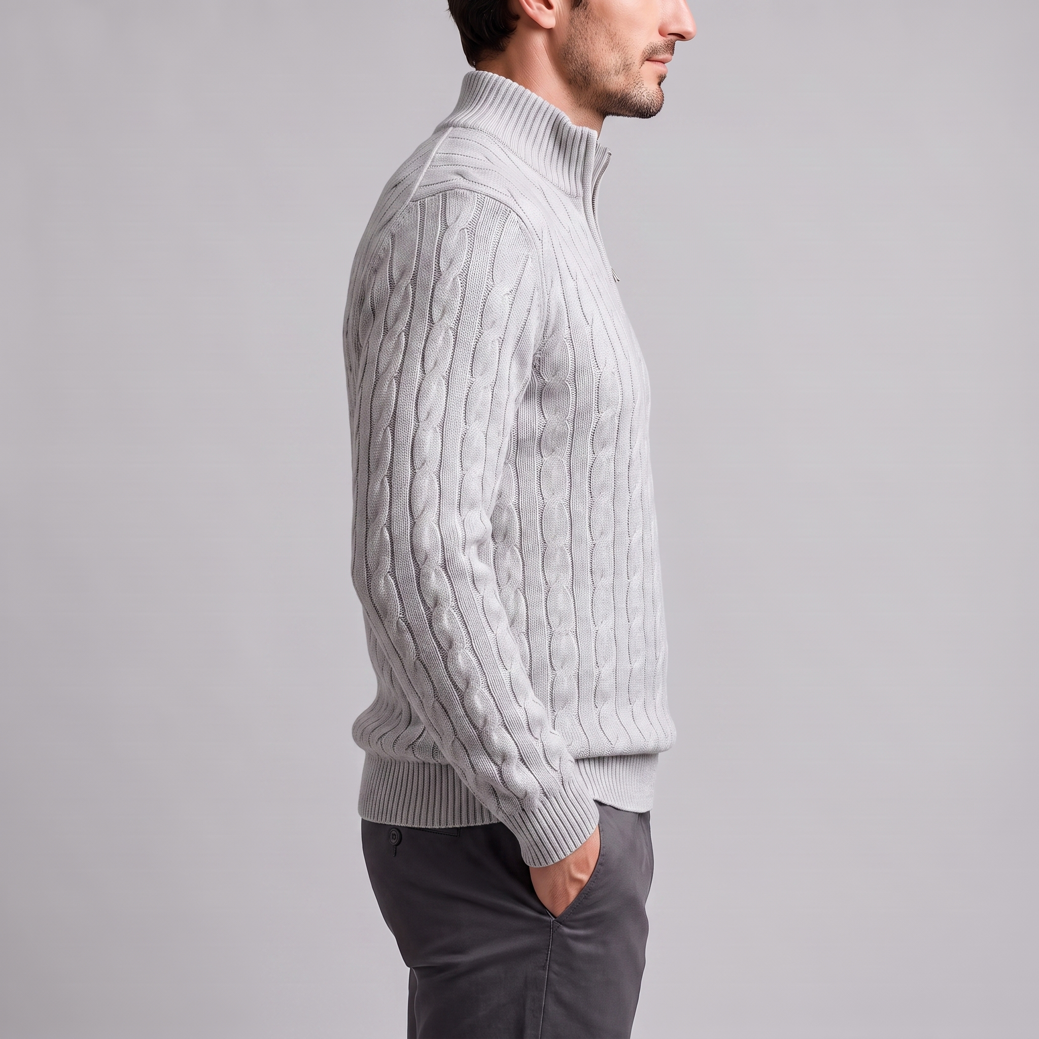 Herren Zopfstrick-Pullover mit kurzem Reissverschluss