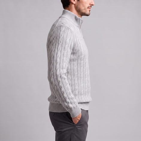 Herren Zopfstrick-Pullover mit kurzem Reissverschluss