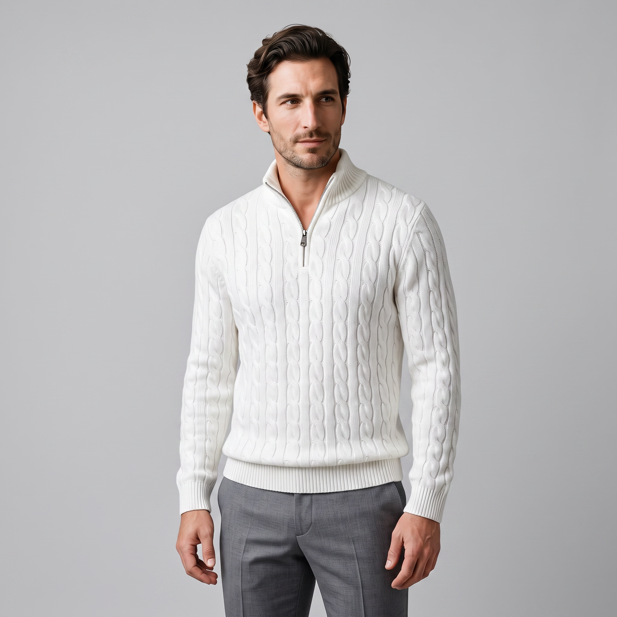 Herren Zopfstrick-Pullover mit kurzem Reissverschluss