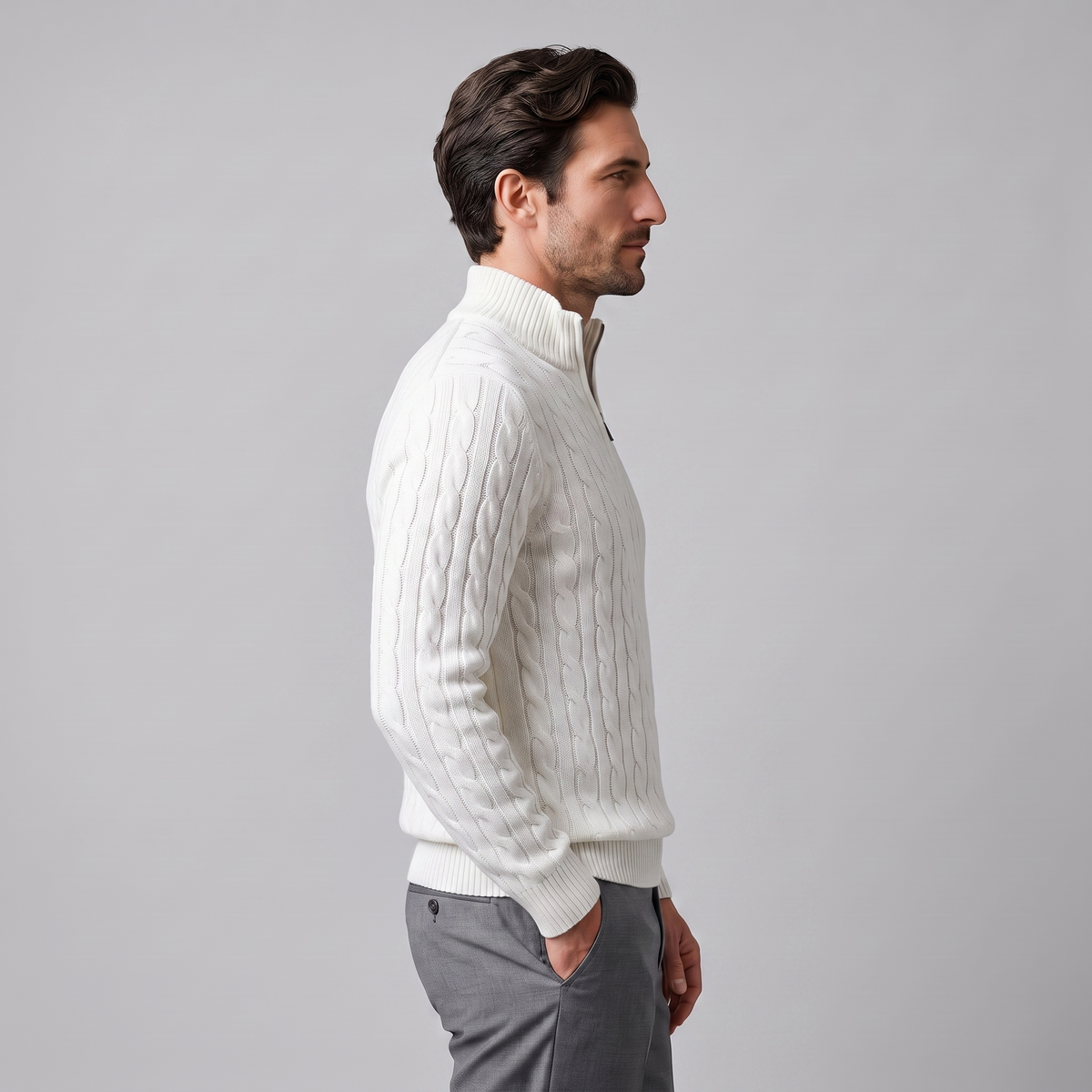 Herren Zopfstrick-Pullover mit kurzem Reissverschluss