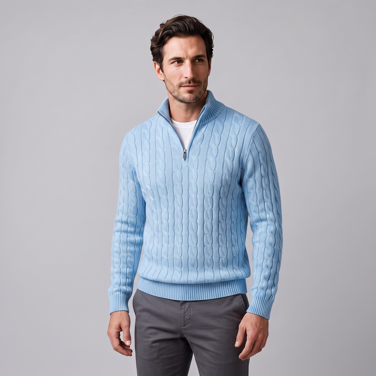 Herren Zopfstrick-Pullover mit kurzem Reissverschluss