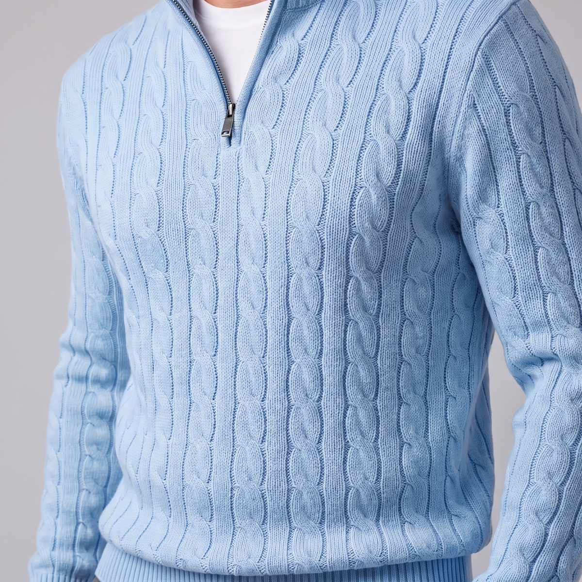 Herren Zopfstrick-Pullover mit kurzem Reissverschluss