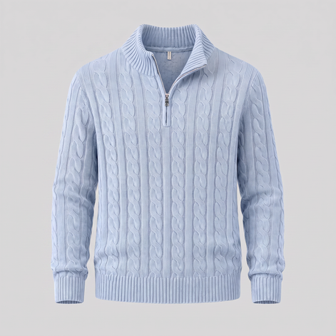 Herren Zopfstrick-Pullover mit kurzem Reissverschluss