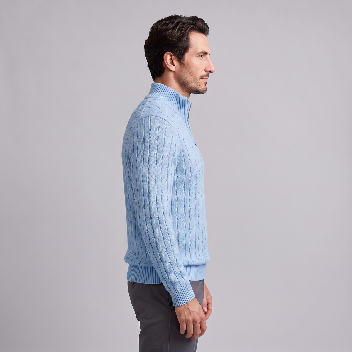 Herren Zopfstrick-Pullover mit kurzem Reissverschluss