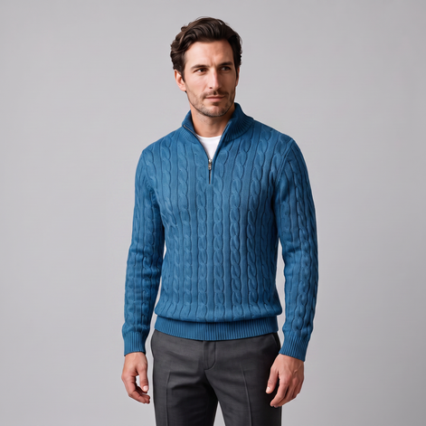 Herren Zopfstrick-Pullover mit kurzem Reissverschluss