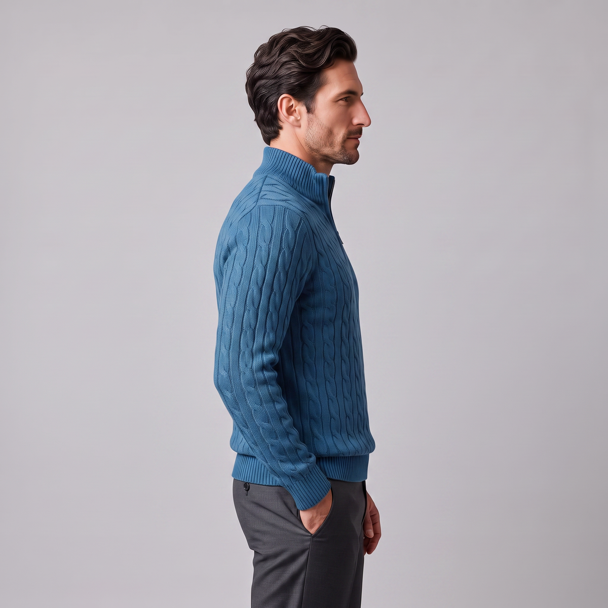 Herren Zopfstrick-Pullover mit kurzem Reissverschluss