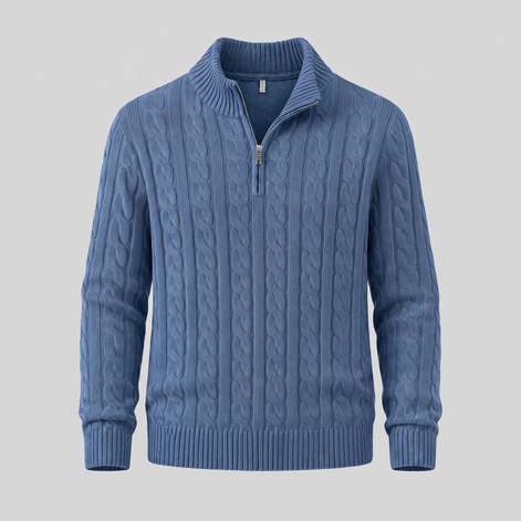 Herren Zopfstrick-Pullover mit kurzem Reissverschluss