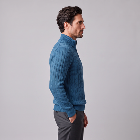 Herren Zopfstrick-Pullover mit kurzem Reissverschluss