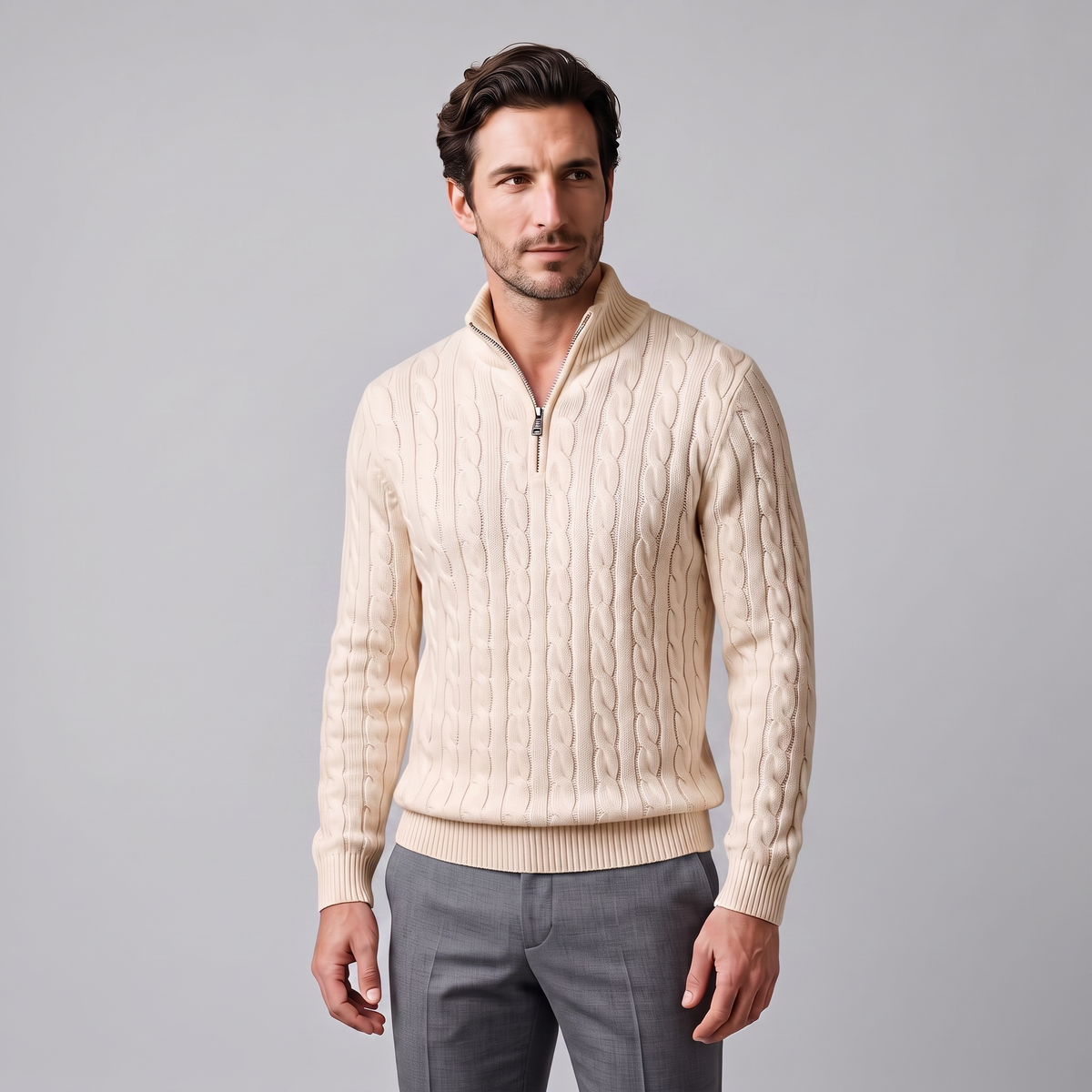 Herren Zopfstrick-Pullover mit kurzem Reissverschluss