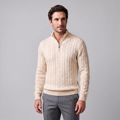 Herren Zopfstrick-Pullover mit kurzem Reissverschluss