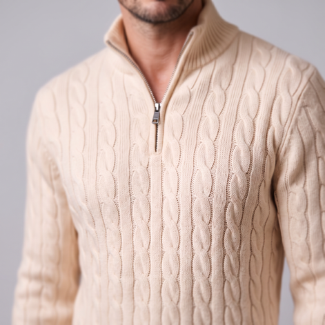 Herren Zopfstrick-Pullover mit kurzem Reissverschluss