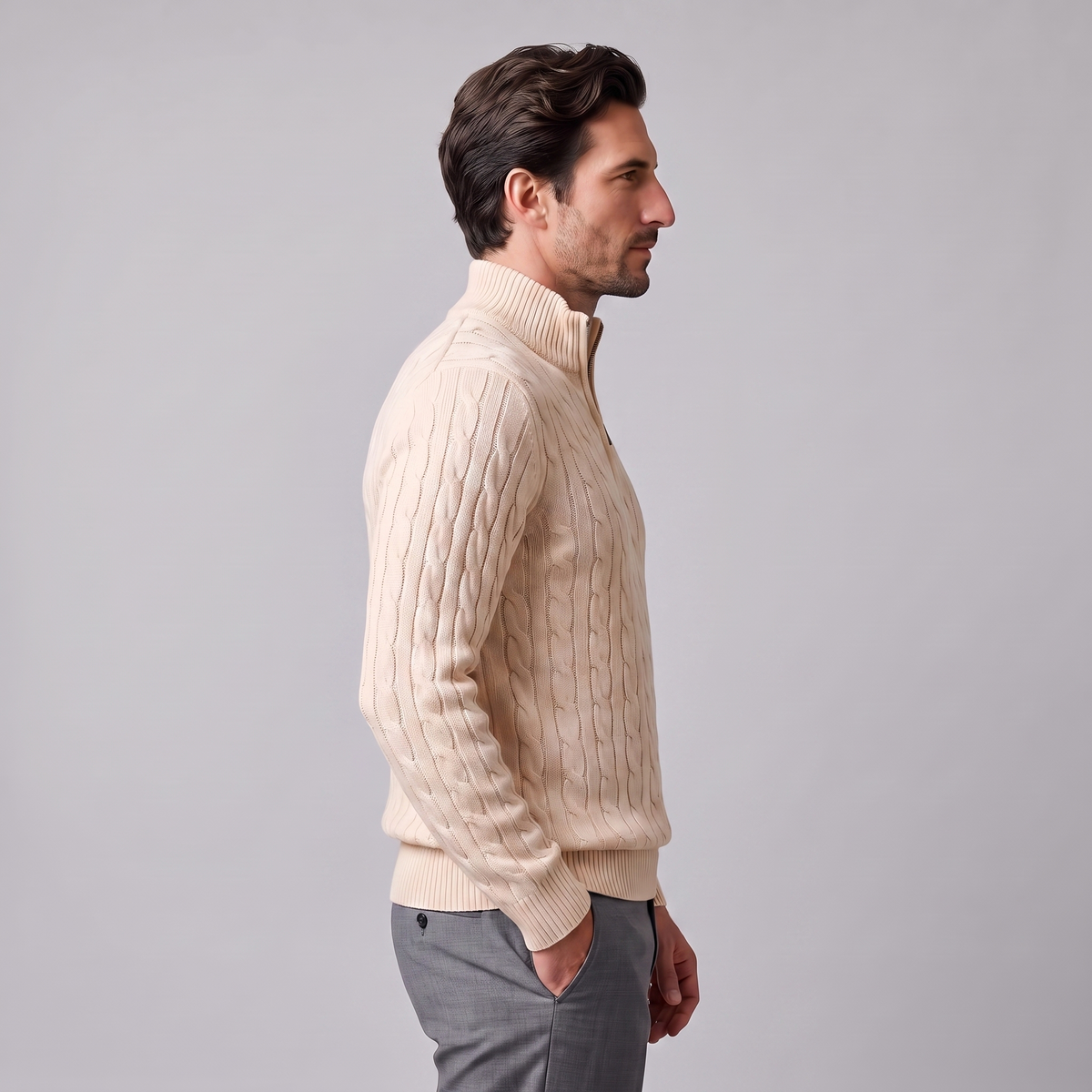 Herren Zopfstrick-Pullover mit kurzem Reissverschluss