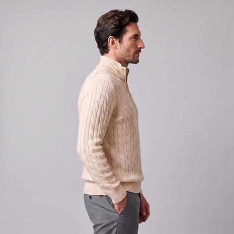 Herren Zopfstrick-Pullover mit kurzem Reissverschluss