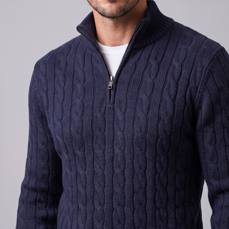 Herren Zopfstrick-Pullover mit kurzem Reissverschluss