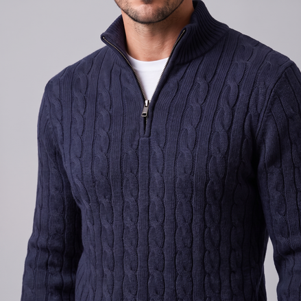 Herren Zopfstrick-Pullover mit kurzem Reissverschluss