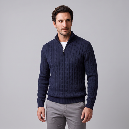 Herren Zopfstrick-Pullover mit kurzem Reissverschluss