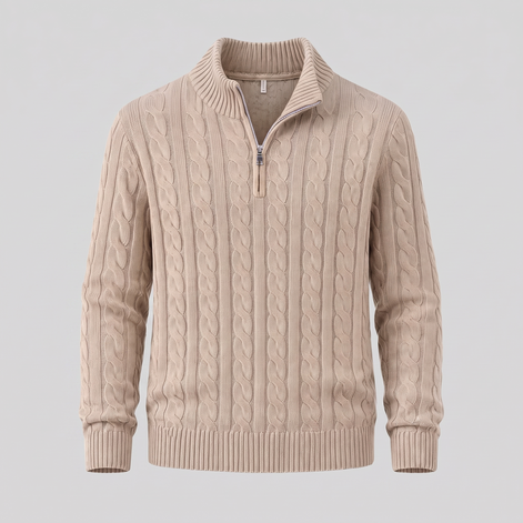 Herren Zopfstrick-Pullover mit kurzem Reissverschluss