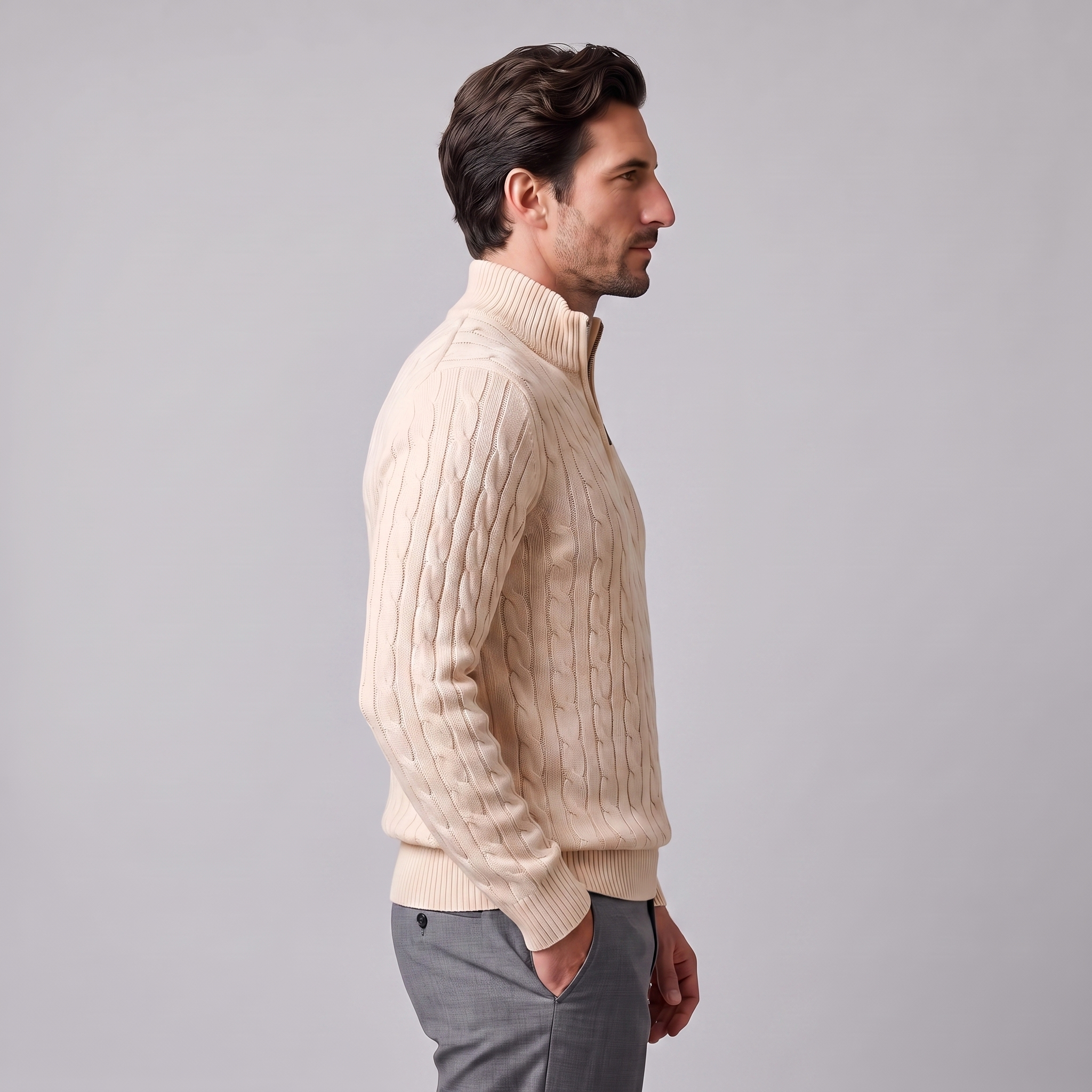 Herren Zopfstrick-Pullover mit kurzem Reissverschluss