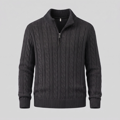 Herren Zopfstrick-Pullover mit kurzem Reissverschluss