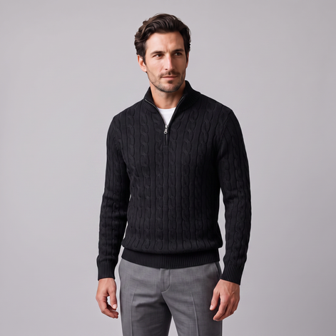 Herren Zopfstrick-Pullover mit kurzem Reissverschluss
