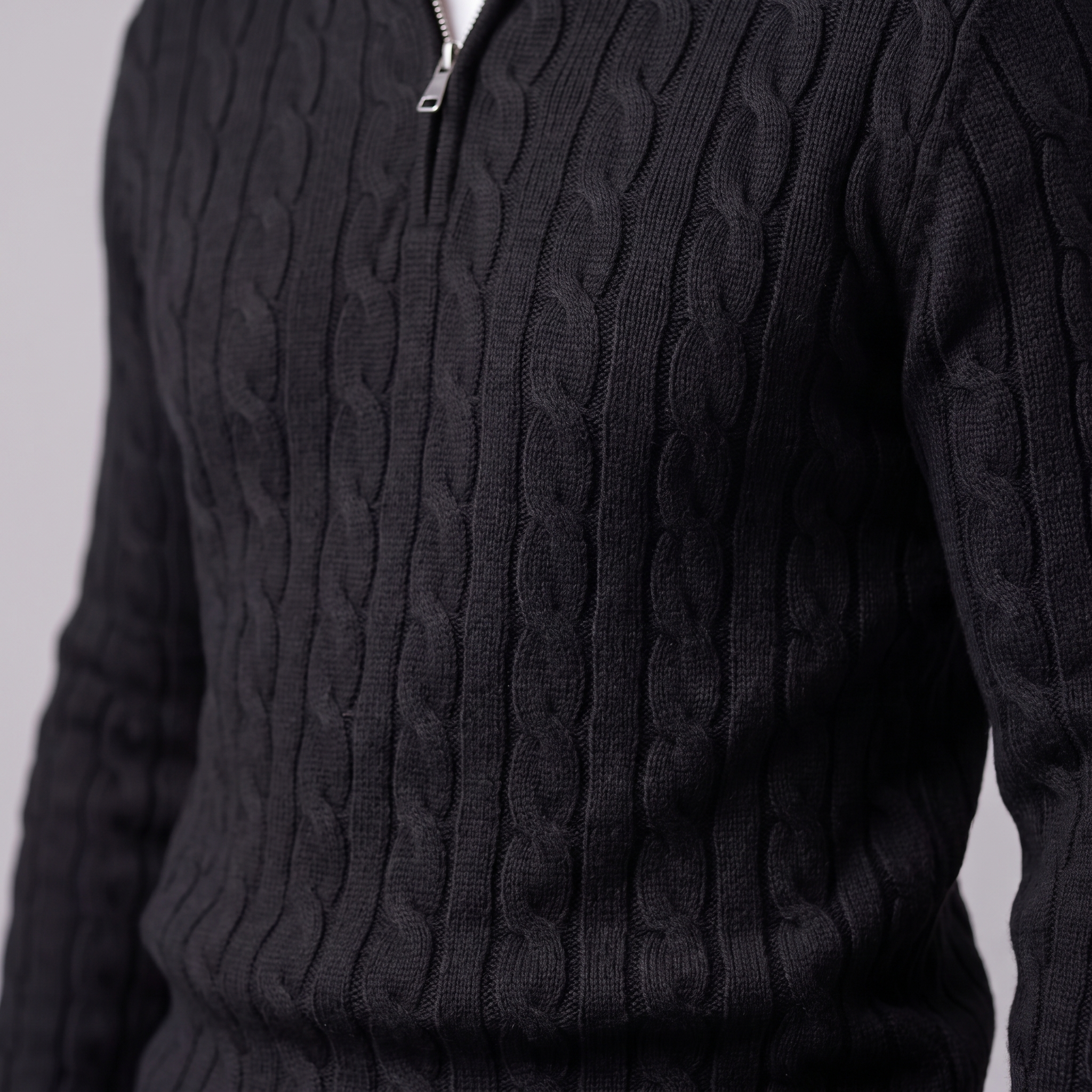 Herren Zopfstrick-Pullover mit kurzem Reissverschluss