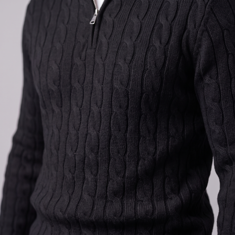 Herren Zopfstrick-Pullover mit kurzem Reissverschluss