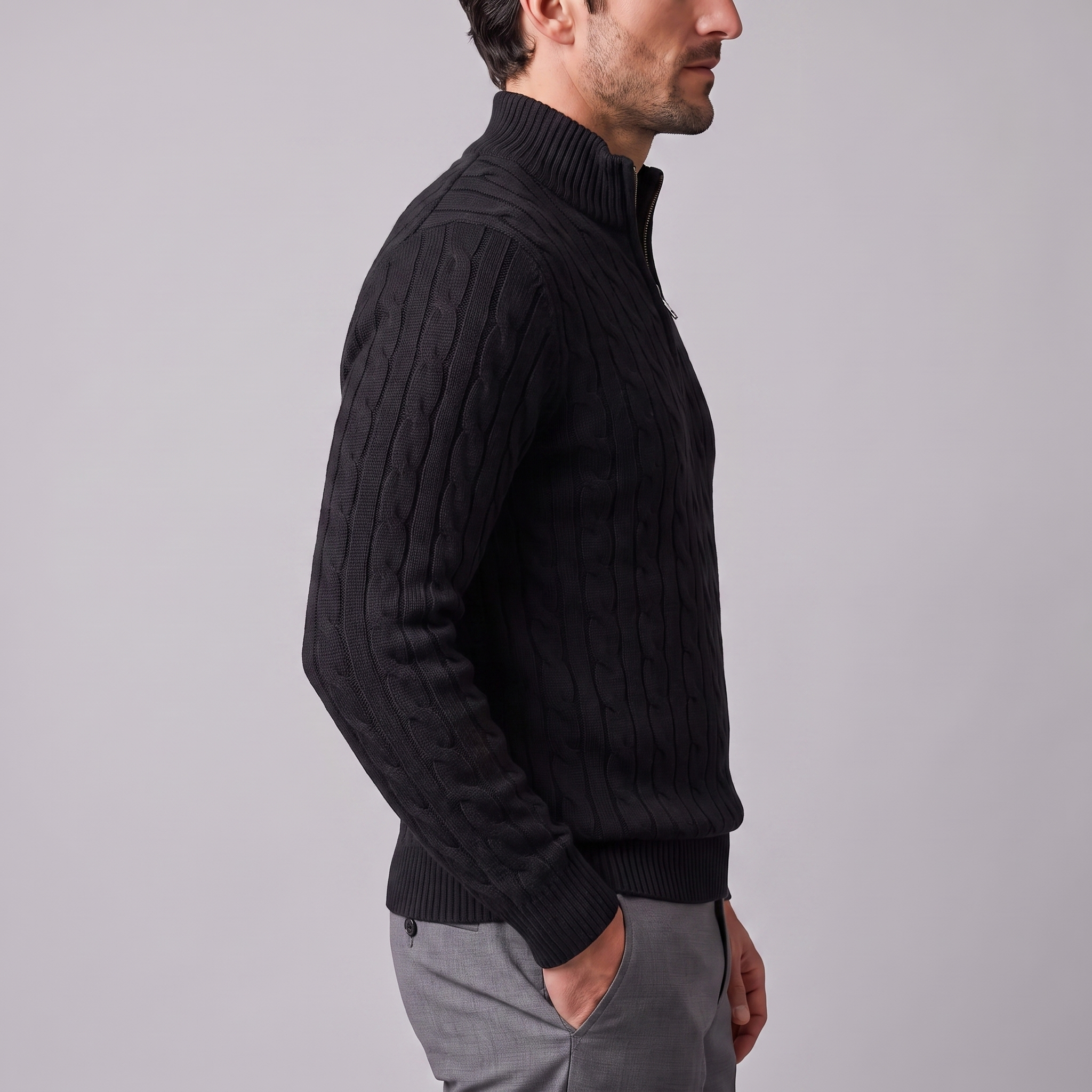 Herren Zopfstrick-Pullover mit kurzem Reissverschluss
